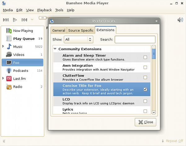 Screenshot of Banshee showing the newly created Foo extension listed in Preferences > Extensions, and also in the source list
