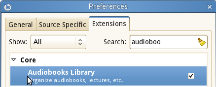 screenshot showing the audiobooks extension listed in Preferences