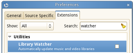 screenshot showing Library Watcher extension listed in Preferences 