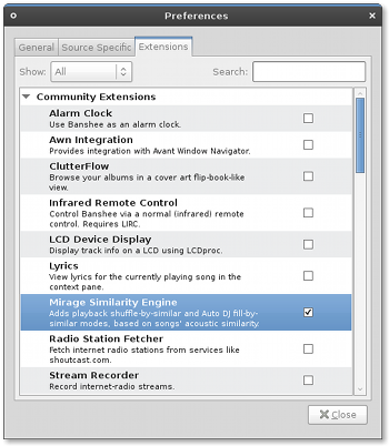 screenshot showing Extensions tab of Preferences, showing all the Banshee Community Extensions