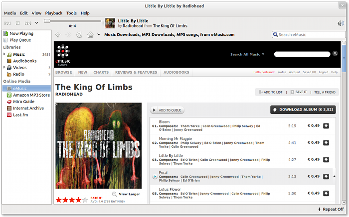 Screenshot showing Banshee's new eMusic online store integration