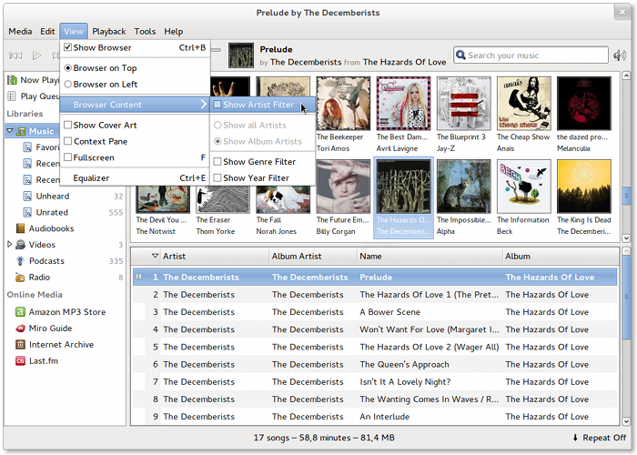 Screenshot showing Banshee's new browser content options
