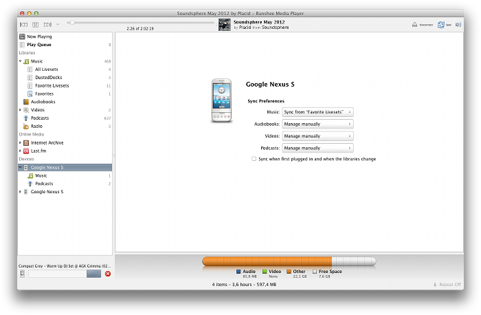 Screenshot showing Banshee on OSX syncing with an USB mass storage device