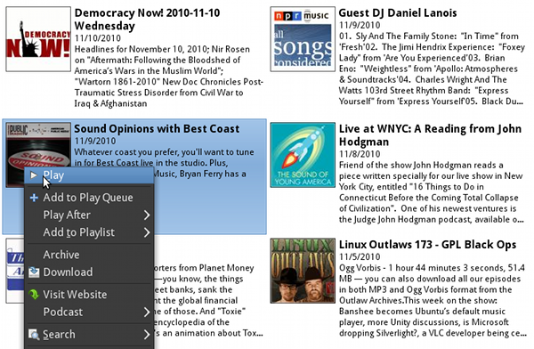 Screenshot showing Banshee's new podcast episode grid